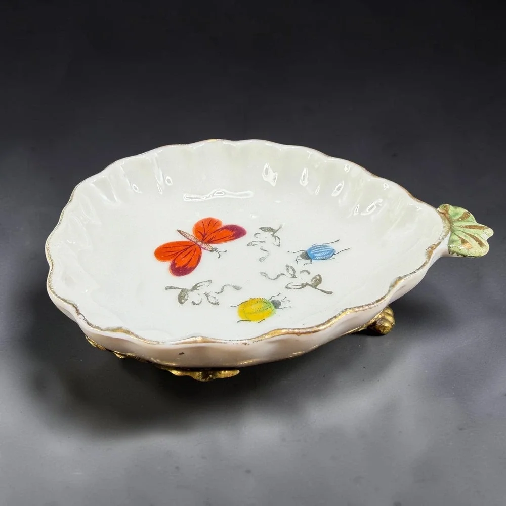 Vintage Porcelain Butterfly Beetle Trinket Dish Scalloped Brass Filigree Base‎